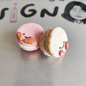May include: Two macarons with smiling faces. One is pink with brown accents, the other is off-white with pink accents. The background has the words "WONDERFUL DESIGN" in colourful letters and a cartoon drawing of a woman.