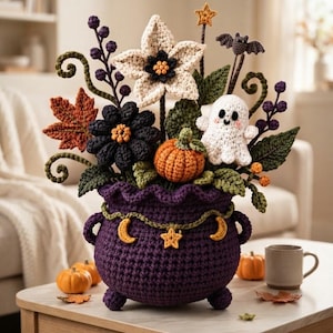 May include: A purple crocheted cauldron planter filled with a bouquet of crocheted items including a white flower, a black flower, a small orange pumpkin, a white ghost, a bat, a star, and dark purple berries with green leaves.