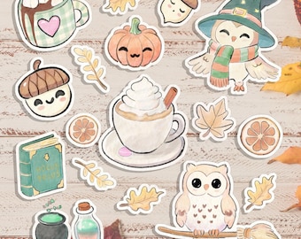 Juego de pegatinas mágicas de vinilo impermeable Cozy Vibes con búho, calabaza, bellota y más elementos otoñales.