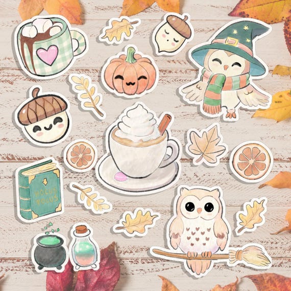 Magical Sticker Set, Cozy Vibes Waterproof Vinyl Owl, Pumpkin, Acorn, and More Fall elements