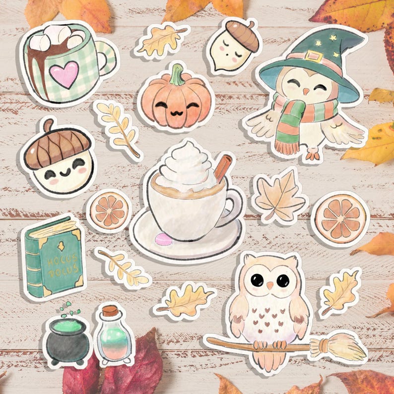 May include: A collection of fall-themed stickers featuring a witch owl, pumpkin, acorns, coffee, and a mug of hot chocolate. Other stickers include a book, potion bottles, and fall leaves. The stickers are in a watercolor style with a white border.