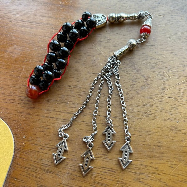 Cukur themed Black Onyx, Red Carnelian and Red Jade 8-10mm Double lined 22 Beads Zaza Trail Tesbih