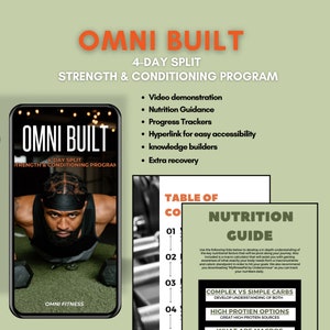 May include: A digital marketing image for a 4-day strength and conditioning program called "Omni Built". The image features a man doing a push-up with dumbbells. The text "Omni Built" is in large, bold letters at the top of the image. The text "4-Day Split" is below the title. The text "Strength & Conditioning Program" is below the "4-Day Split" text. The image also includes a list of features of the program, such as video demonstrations, nutrition guidance, progress trackers, and extra recovery.