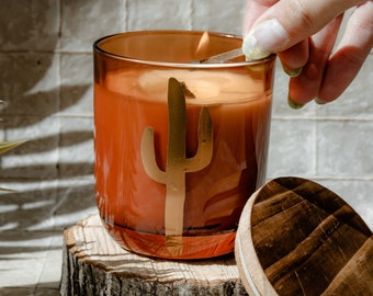 Sonoran Aura Luxury Candle - Amber Jar - Wooden Wick - Vegan Soy Wax - Copper Saguaro - Hand-stamped - Non-toxic Fragrances