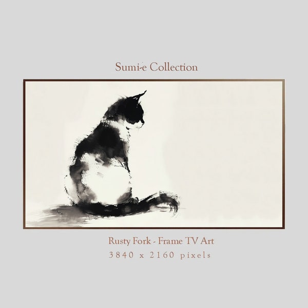 Samsung Frame TV Art Cat Japanese Art Ink Wash Painting Sumi-e Zen Oriental Digital download Retro Art Eclectic Wall Decor Digital Art