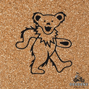 May include: A black and white silhouette of a dancing bear with a jagged outline on a gold glitter background.