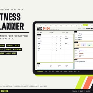 May include: A 2026-2027 fitness planner digital template displayed on a tablet screen. The interface includes sections for training logs, food, recovery, and progress tracking. Text includes 505 pages, 16,000+ links, and Strong Season branding.