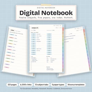 Cuaderno digital en español con 12 pestañas de colores, hojas rayadas, punteadas, cuadriculadas y Cornell, vertical, PDF Goodnotes