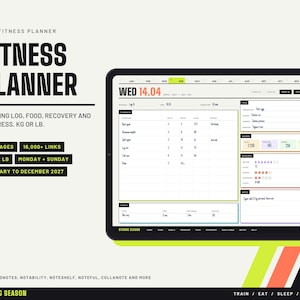 Fitnessplanerare 2027, digital träningsdagbok, måltidsförberedelser, vanespårare, Goodnotes PDF