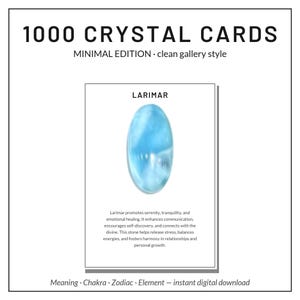 May include: A digital card featuring a light blue oval Larimar stone centered above text describing its properties. The top of the image reads 1000 CRYSTAL CARDS MINIMAL EDITION clean gallery style. The bottom reads Meaning Chakra Zodiac Element instant digital download.