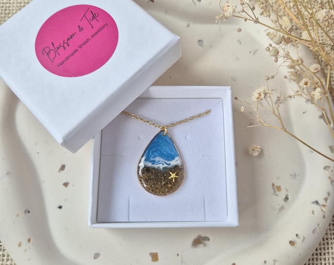 Welsh Beach Sand Necklace: Ocean Resin Teardrop Pendant, Coastal Jewelry