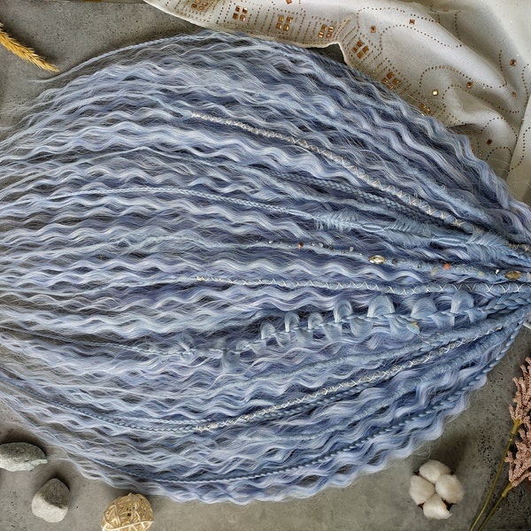 Blue curly dreadlocks mixed with crochet dread extension, wavy blue dreads in boho style with DE or SE dreadlocks