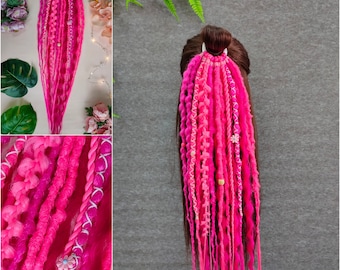 Pink dreadlocks on elastic band , synthetic dreads on hair band , pink curly dreads on hair band , hair accessories , dreadlock ponytail