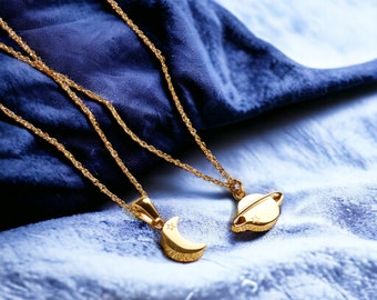 Collier de charme céleste - Pendentif en acier inoxydable Dainty Moon et Saturne 925, ensemble de bijoux, colliers astrologiques d’amitié, cadeau pour elle