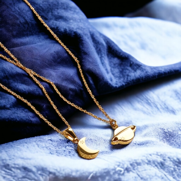 Himmlische Charm-Halskette – zierlicher Mond und Saturn 925 Edelstahl-Anhänger, Schmuckset, astrologische Freundschaftsketten, Geschenk für Sie
