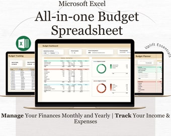 May include: A laptop computer screen displaying a Microsoft Excel spreadsheet with a budget dashboard, budget tracking, and budget planner. The spreadsheet has charts and graphs to help visualize financial data. The text on the screen reads "All-in-one Budget Spreadsheet" and "Manage Your Finances Monthly and Yearly | Track Your Income & Expenses".