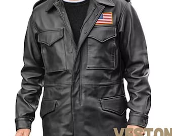 Handmade Lambskin Leather M65 Field Coat: Military Style Black