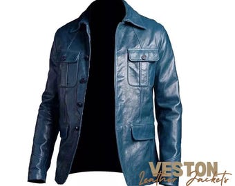 Men's Blue Genuine Lambskin Leather Coat Four Pocket 5 Buttons Shirt Collar Blazer