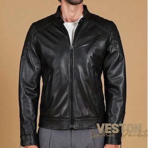 Men&#39;s Black Quilted Real Lamb Leather Biker Motorcylce Jacket - All Sizes Cafe-racer / Biker Slim Fit Style - All Sizes