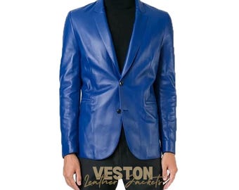 Men's Blue Lambskin Leather Blazer, Two-Button Coat