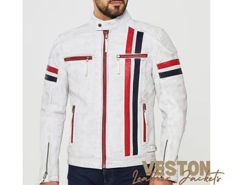 White Lambskin Leather Biker Jacket – Men's Moto Jacket with Red and Black Stripes
