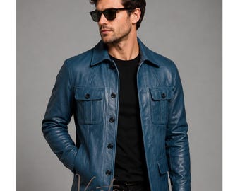 Herren-Blazer aus blauem Echtleder aus Lammleder mit vier Taschen, fünf Knöpfen und Hemdkragen