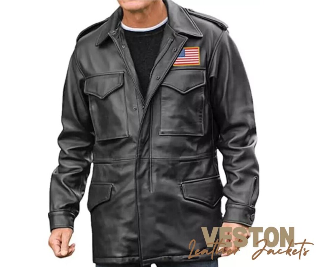 Men's Coat M65 Field Black Genuine Lambskin Real Leather American