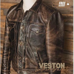 Men&#39;s Lambskin Leather Jacket American Biker Style, Trucker Jacket, Workwear Coat