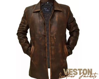 Abrigo de piel de cordero auténtica marrón desgastada para hombre Super Natural Dean