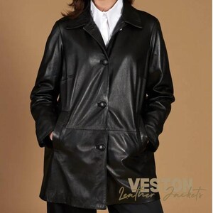 Women&#39;s Black Oversized Single Breasted Genuine Lamb Leather Jacket – Shirt Collar Oversize Style Coat - Genuine Lambskin Leather
