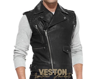 Men's Black Genuine Lambskin Leather Motorcycle Vest : Slim Fit Sleeveless Biker Jacket