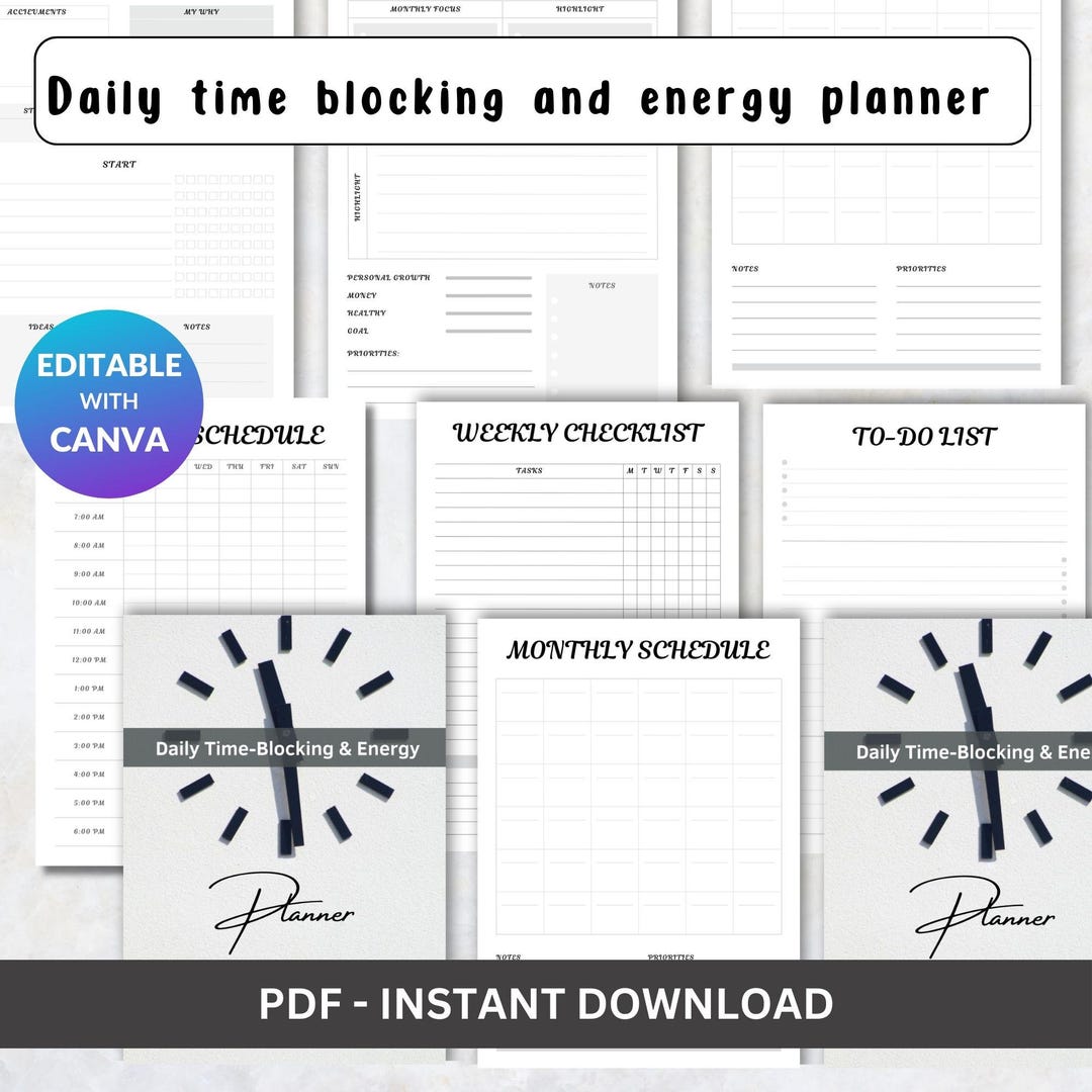 Daily Time Blocking Planner | Energy Tracker, Productivity (digital ...