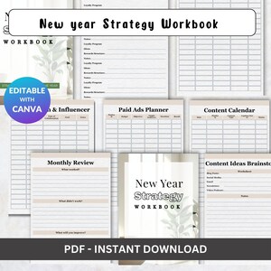 May include: A digital workbook titled "New Year Strategy Workbook" with editable Canva templates. The workbook includes sections for planning, reviewing, and brainstorming content ideas. The design is minimalist with a neutral color palette.