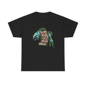 May include: Black t-shirt with a cartoon fish design. The fish is blue and green, holding a scroll with the words "Be Gone Evil". The design is a humorous take on a classic theme, suitable for casual wear.