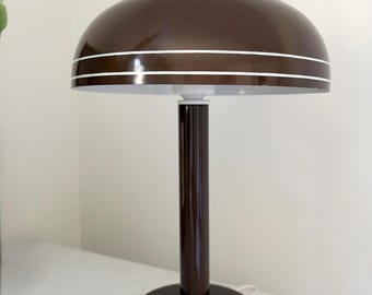 Mid century brown and white striped enameled metal dome or mushroom table lamp