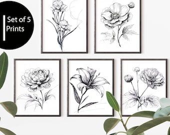 May include: Set of five black and white line art prints featuring different floral designs. The prints are framed in black frames and are displayed on a white wall.