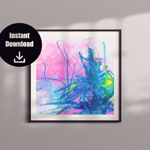 Neon Abstract Art Print Blue Crayon Bright Wall Art Square Blue Hot Pink Acrylic Painting Printable Expressive Abstract Poster Large Color