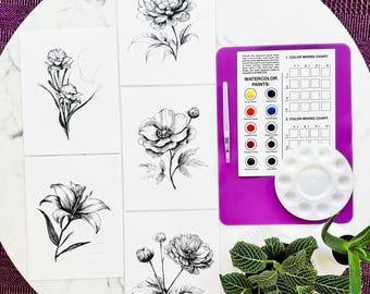 Vintage Flowers Watercolor Kit | Includes: 5 Flower Prints, Watercolor Pen, Watercolor Palette | Painting Kit Watercolor Flowers Art Kit DIY