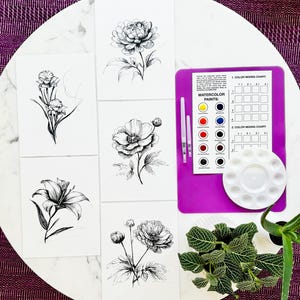 Vintage Flowers Watercolor Kit | Includes: 5 Flower Prints, Watercolor Pen, Watercolor Palette | Painting Kit Watercolor Flowers Art Kit DIY
