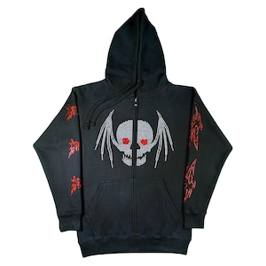 Y2k Rhinestone Skullbat Zip Up Hoodie - Black