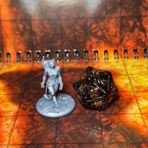 May include: A gray plastic miniature figurine of a cat-like humanoid with wings, wearing armor and holding a sword, standing on a gray base. A black and gold metal twenty-sided die is next to the figurine.