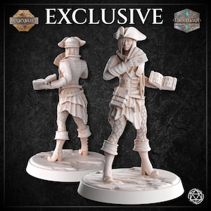 May include: Two beige pirate-themed figurines, one facing forward and the other backward. The figurines are on circular bases and wear tricorn hats, vests, and short skirts. The word "EXCLUSIVE" is at the top.