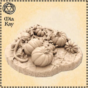 May include: A close-up of a miniature scene with several small, detailed pumpkins and vines on a textured, brown base. The pumpkins are various sizes and shapes, with some having stems and others having leaves.