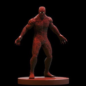 May include: A red, textured figurine of a humanoid creature with glowing white eyes. The figure stands on a circular base against a black background. The creature's skin appears to be covered in small, spiky protrusions.