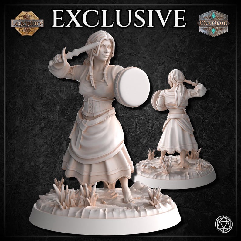 May include: A white painted miniature figurine of a female character holding a drum and a dagger. The figurine is standing on a circular base with a grassy texture.