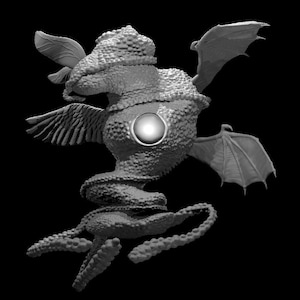May include: A grayscale sculpture of a fantastical creature with multiple wings, a spiraling body, and a large, glowing orb at its center. The creature has a textured, scaled appearance, with detailed wings and a serpentine tail.