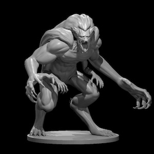 May include: A gray, 3D-rendered sculpture of a monstrous humanoid creature with sharp claws, fangs, and long hair. The figure is in a crouching position, with an open mouth and an aggressive expression. The sculpture is on a circular base.