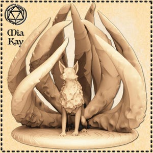 May include: A detailed figurine of a nine-tailed fox, or kitsune, with a standing fox in the center and nine tails curled around it. The figurine is made of a light brown material and has a textured surface.
