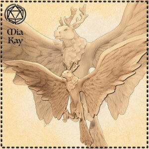 May include: A beige ceramic sculpture of a winged creature with a deer head and antlers. The creature has large wings and is in flight.