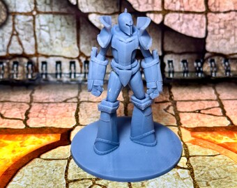 May include: A gray plastic miniature figure of a robot wearing armor. The robot is standing on a round base.